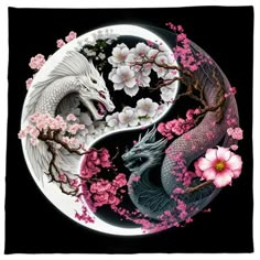 two white and black dragon sitting on top of a yin - yang symbol with pink flowers