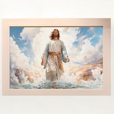 a painting of jesus walking through the water with clouds in the sky behind him,