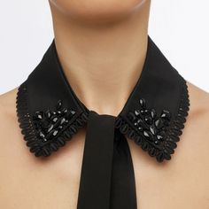 An all-black Alaia collar has been crafted using crêpe de Chine and features black rhinestone embellishments on the sides. Tie it as a bow or let it flow freely - the choice is yours. A collar will brilliantly complement strapless dresses or can be added as an extension of a black blazer. Material content: Black cotton fabricBlack decorative rhinestones Caring instructionsNot washable. Spot clean with a damp cloth Dicky Collar, Embellished Collar Shirt, Fancy Collar, False Collar, Collars Diy, Upcycle Clothes Diy, Black Cotton Fabric, Strapless Dresses, Embellished Collar