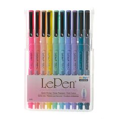 Marvy Uchida Le Pen Pastel These smooth, sleek pens with a lightweight barrel design have a 0.3 mm point size. They-re great for business forms, notebooks, diaries, memo pads and letters. The inks are smudge proof and come in a variety of different colors. The ink colors match the barrel colors.   What You Get       Set of 10 Memo Pad, School Organization, All Craft, Paint Markers, Scrapbook Paper Crafts, Ink Color, Gel Pens, Chalk, Scrapbook Paper