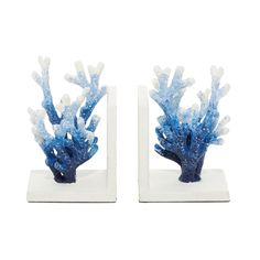 pair of blue coral bookends on white base, set of 2 for sale