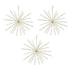 three gold starbursts hanging from chains on a white background, each with different shapes and sizes