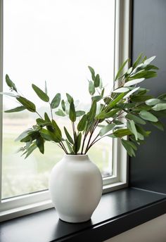 a plant in a white vase sitting on a window sill