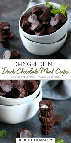 three ingredient dark chocolate mint cups with mint leaves in the background and text overlay