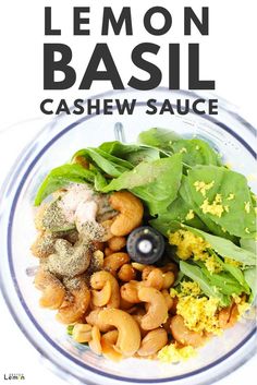 lemon basil cashew sauce in a blender with spinach leaves and other ingredients