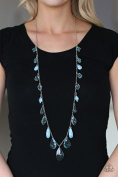 A gorgeous collection of glassy and cloudy blue crystal-like beads trickle along a shimmery silver chain down the chest in a whimsical fashion. Features an adjustable clasp closure.

Sold as one individual necklace. Includes one pair of matching earrings. Emerald Style, Whimsical Fashion, Teardrop Beads, Paparazzi Accessories, Blue Gems, Blue Necklace, Paparazzi Jewelry, The Race, Blue Rhinestones