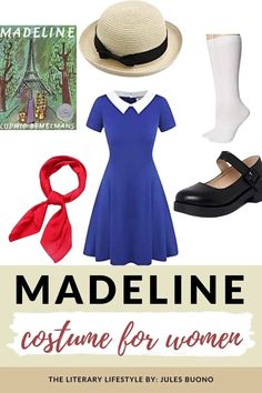 the cover of madeline costume for women, with accessories including a hat and dress