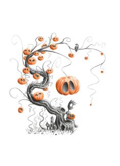 a drawing of a tree with pumpkins on it