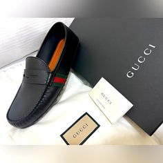 Gucci Moccasins 8.5 Mens In Black. Brand New In Box Never Worn. $625 Shipped. Just For Reference I Wear A Normal 10 With Sperry Top Siders And The Fit On This Is Similar. Designer Black Dress Shoes With Leather Lining, Designer Black Leather Shoes With Leather Sole, Gucci Luxury Loafers With Leather Lining, Gucci Luxury Calf Leather Loafers, Luxury Gucci Calf Leather Loafers, Gucci Luxury Slip-on Dress Shoes, Luxury Gucci Dress Shoes With Round Toe, Luxury Gucci Dress Shoes With Leather Sole, Designer Gucci Loafers With Leather Sole