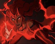 a cartoon character with red hair and an evil look on her face, pointing to the left