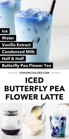 iced butterfly pea flower latte recipe with vanilla extra milk and chaff - flavored milk