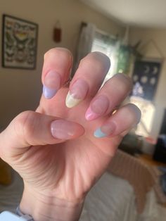 Almond shaped nails with pastel french tips May Acrylic Nails, Cute May Nails, Nails For May, Pastel French Tips, Nails Acrylic Long, Grad Nails, Acrylic Nails Pink, Nails Acrylic Pink, Nails Acrylic Almond