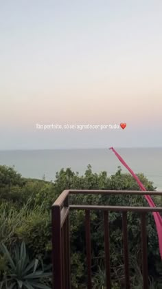 a red heart shaped balloon is flying over the ocean and trees in the foreground