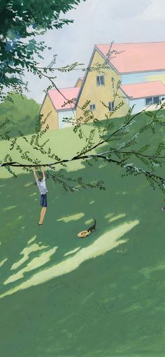 a painting of two people playing frisbee in the grass near a tree and some houses