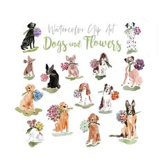 watercolor clip art dogs and flowers