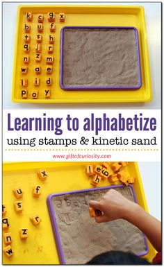 two pictures with the words learning to alphabetize using stamps and kneiic sand