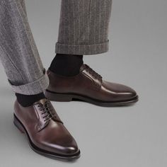 Plain Toe Derby Shoes, Classic Brown Closed Toe Lace-up Shoes, Timeless Calf Leather Lace-up Shoes With Round Toe, Semi-formal Calf Leather Dress Shoes With Round Toe, Luxury Brown Oxfords With Goodyear Welt, Brown Luxury Oxfords For Derby, Luxury Brown Oxfords For Derby, Timeless Brown Oxfords For Business Casual, Luxury Brown Goodyear Welted Oxfords