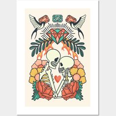 two skulls with roses and wings on the back of a white framed wall art print