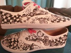 WRAPAROUND ARTWORK Disney's Alice in Wonderland Custom Made Shoes Artwork and Shoes (ie. Vans, converse, etc.) INCLUDED on Etsy, $250.00 Alice In Wonderland Shoes Diy, Alice In Wonderland Shoes, Shoes Artwork, Sharpie Shoes, Shoe Artwork, Disney Canvas, Alice Wonderland, Custom Made Shoes