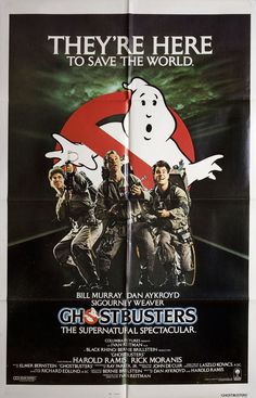 a movie poster for ghostbusters starring actors from the film, they're here to save the world