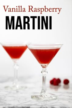 raspberry martini in coupe glasses with text overlay