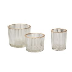 three clear glass cups with gold rims