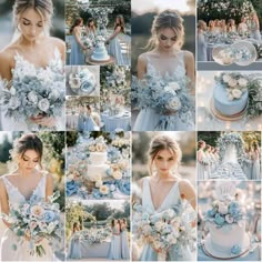 a collage of photos with blue and white flowers