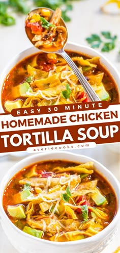 homemade chicken tortilla soup in a white bowl