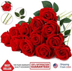 red roses with green leaves are shown in this ad for the best selling flowers from usa