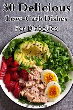 Simplify your meal planning with these 30 low-carb recipes for diabetics! From hearty breakfasts to light lunches, delicious dinners, and even guilt-free desserts, these recipes fit perfectly into a low-carb diet for diabetes. Try these easy and nutritious options that keep carbs low and flavor high. Foods Good For Diabetics Healthy Recipes, Prediabetic Salads, Recipes To Lower A1c, Prediabetic Lunch Ideas, Pre Diebities Diet Meals, Recipes For Prediabetes, Recipes For Diabetics Meals