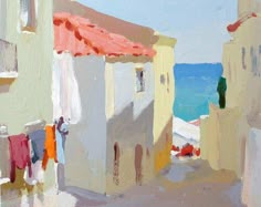 an oil painting of clothes hanging out to dry on a line next to the ocean