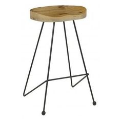 a wooden stool with metal legs and a wood seat on the backrest, against a white background