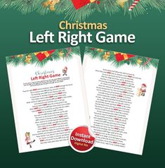 the christmas left right game is shown in front of a green background with red and white ornaments