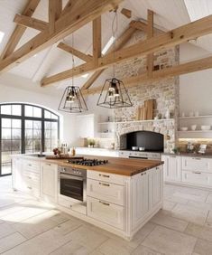 a kitchen with an oven, stove and counter tops in white painted wood planks