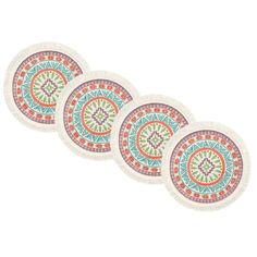 set of four round coasters with multicolored designs on the front and back