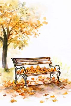 a painting of a park bench with leaves on the ground and a tree in the background