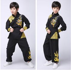 two pictures of a young boy in black and gold clothing