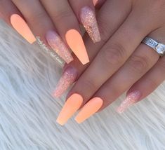 Cuffin Nails, Peach Acrylic Nails, Ballerina Nails Designs, Orange Nail Art, Orange Nail, Peach Nails, Nail Idea