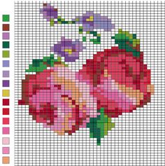 a cross stitch pattern with flowers and leaves on the bottom, in pinks and greens