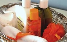 a basket filled with personal care items on top of a table