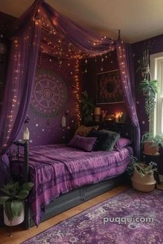 a bedroom with purple bedding and lights on the walls, rugs and windows