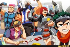 anime characters sitting around a table with drinks