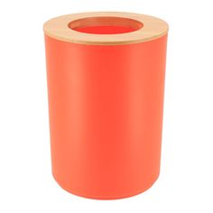 an orange trash can with a wooden lid on the top and bottom, in front of a white background