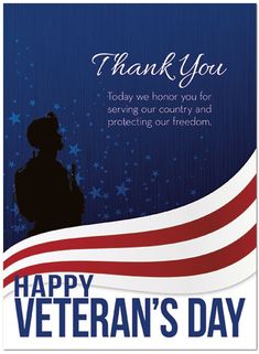 a thank card for veterans day with an image of a soldier and the american flag