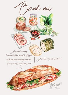 a watercolor drawing of a sandwich with different ingredients