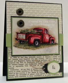 a card with an old red truck on it's front and the words, created by liss young