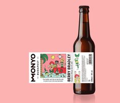 a bottle of beer with a ticket attached to the side on a pink background,