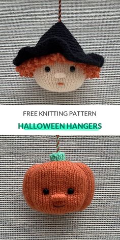 two knitted pumpkins hanging from strings with the words free knitting pattern on them