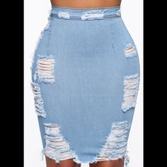 Fashion Nova Distressed Light Blue Denim Skirt. New Without Tags. Spring High Waist Ripped Skirt, Summer Ripped Light Wash Skirt, Fitted Denim Skirt With Distressed Details, Summer Light Wash Ripped Skirt, Distressed Denim Blue Mini Skirt, High Waist Ripped Denim Skirt, Blue Ripped Skirt For Summer, Ripped High Waist Denim Skirt, High-waist Distressed Blue Denim Skirt