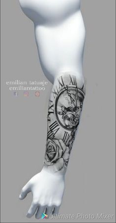 an arm tattoo with a clock and roses on the arm, in black and white